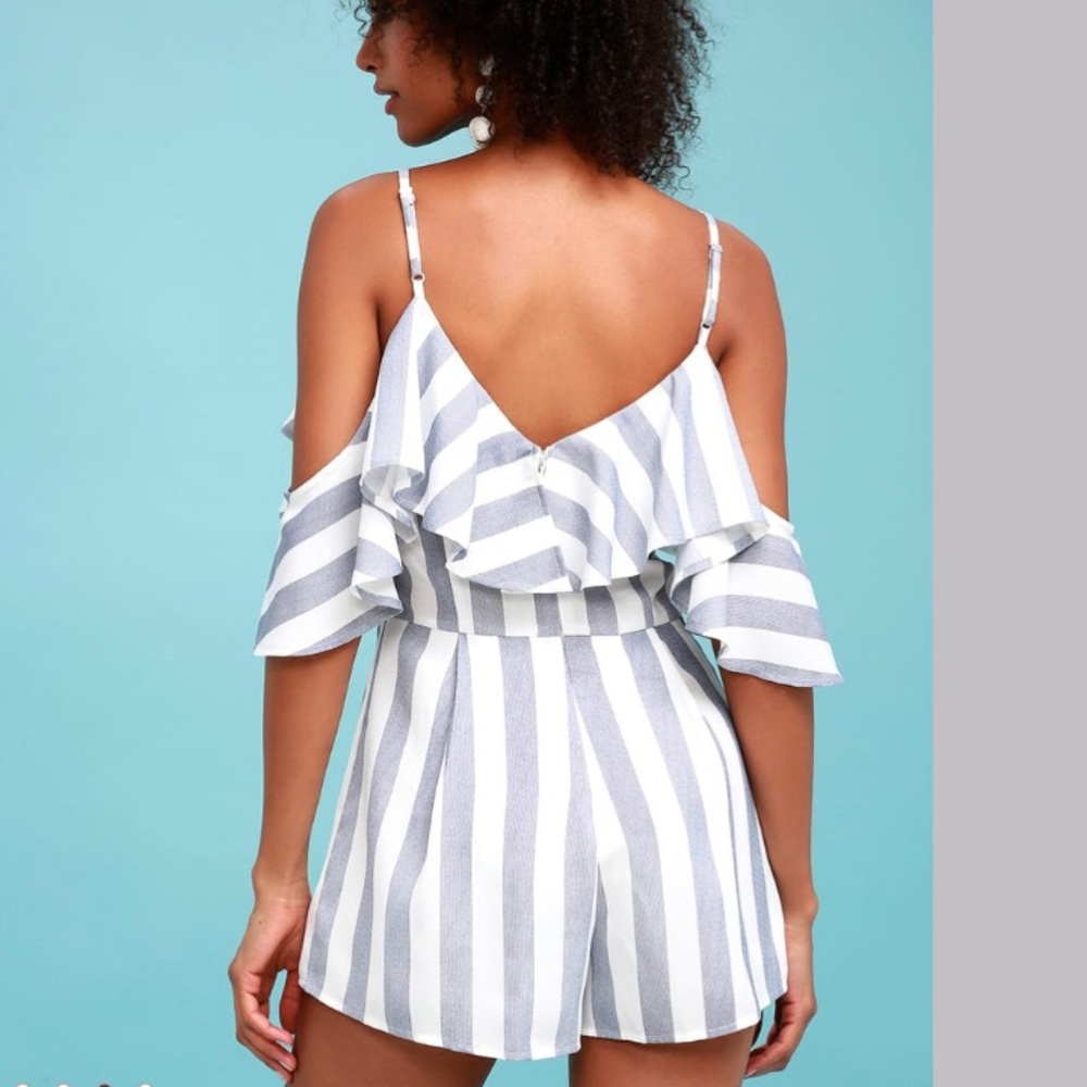 Blue and White Striped Off-the-Shoulder Romper